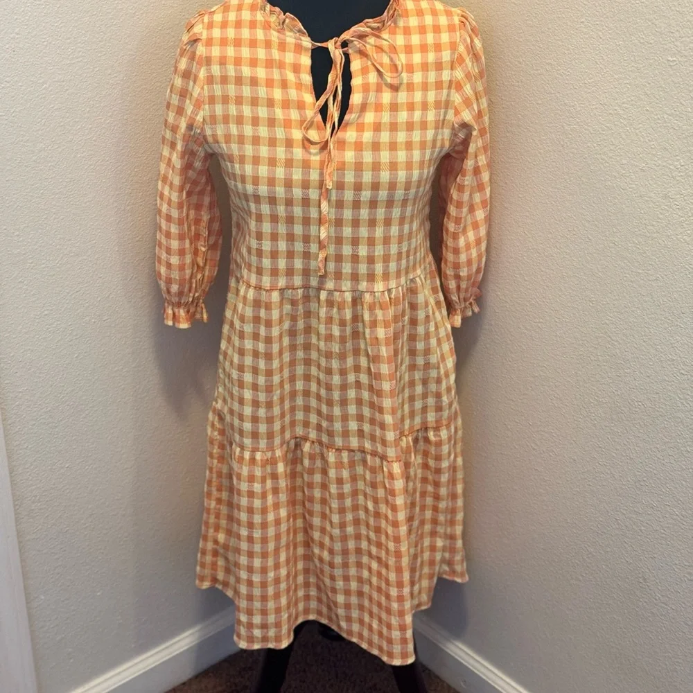 Nanette Lepore Orange Gingham Dress Puff Sleeve A Line Tiered Size 6 - Picture 2 of 9